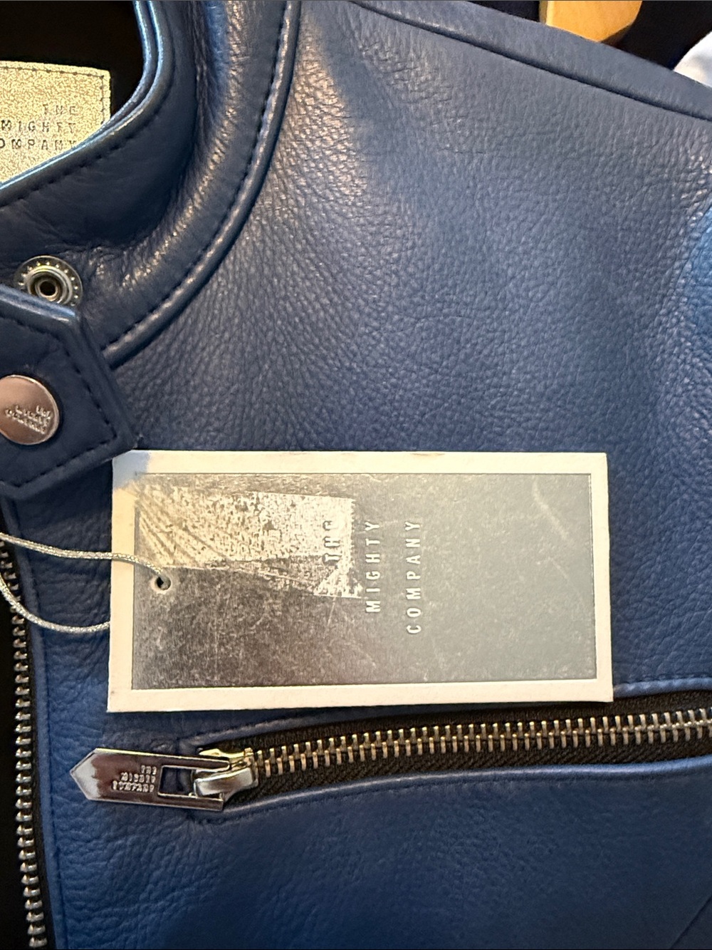 THE MIGHTY COMPANY Blue and White Leather Moto Jacket - Picture 3 of 3